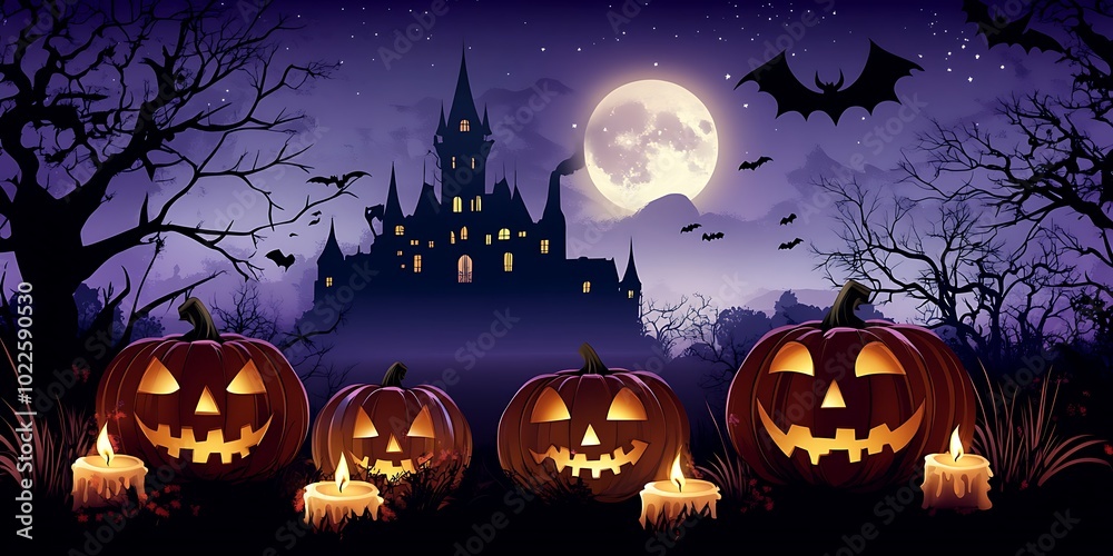Scary themed illustration of a dark night haunted house or castle with Halloween jack-o'-lantern pumpkin design and dried out trees with full moon and bats Scary themed illustration of a dark night haunted house or castle with Halloween jack-o'-lantern pumpkin design and dried out trees with full moon and bats