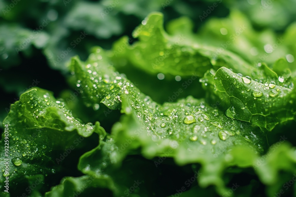 A close-up of lettuce leaves with droplets of water clinging to their surface, emphasizing their freshness A close-up of lettuce leaves with droplets of water clinging to their surface, emphasizing their freshness