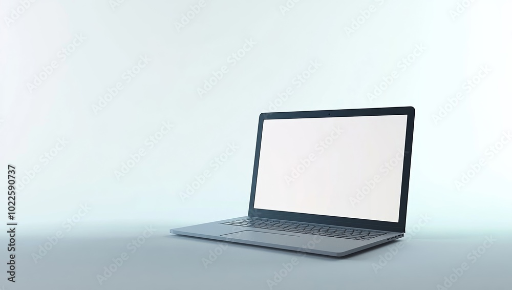 3D rendering of a glossy laptop with a blank screen positioned on a white background, slightly left of center, illuminated by white studio light. 3D rendering of a glossy laptop with a blank screen positioned on a white background, slightly left of center, illuminated by white studio light.