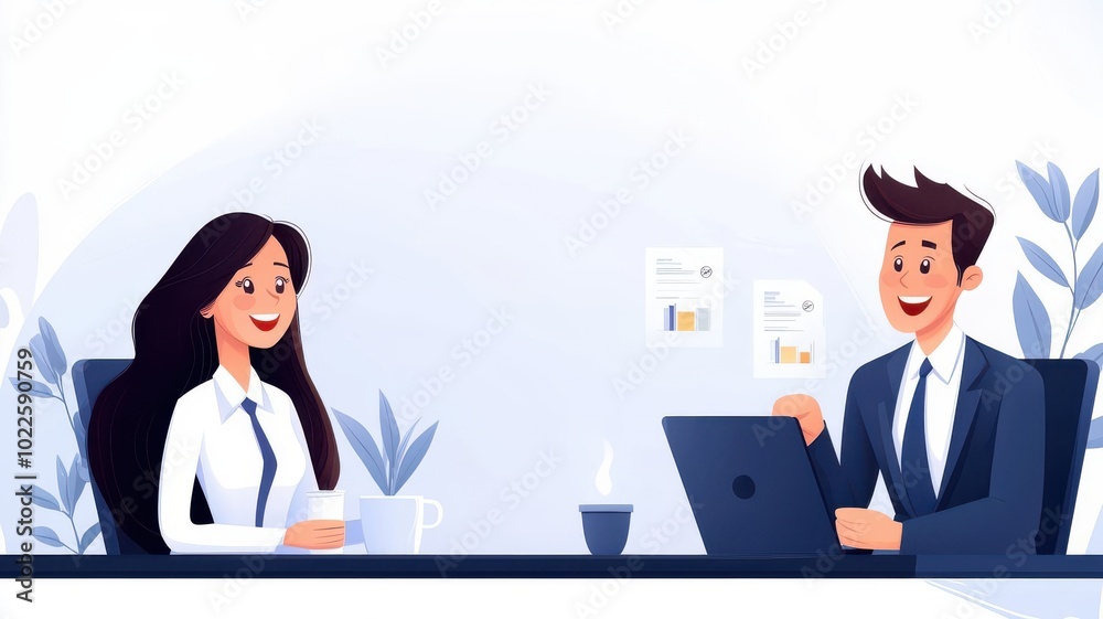 A professional meeting between a man and woman in a modern office environment, discussing ideas with documents and a laptop on the table, conveying teamwork and collaboration. A professional meeting between a man and woman in a modern office environment, discussing ideas with documents and a laptop on the table, conveying teamwork and collaboration.
