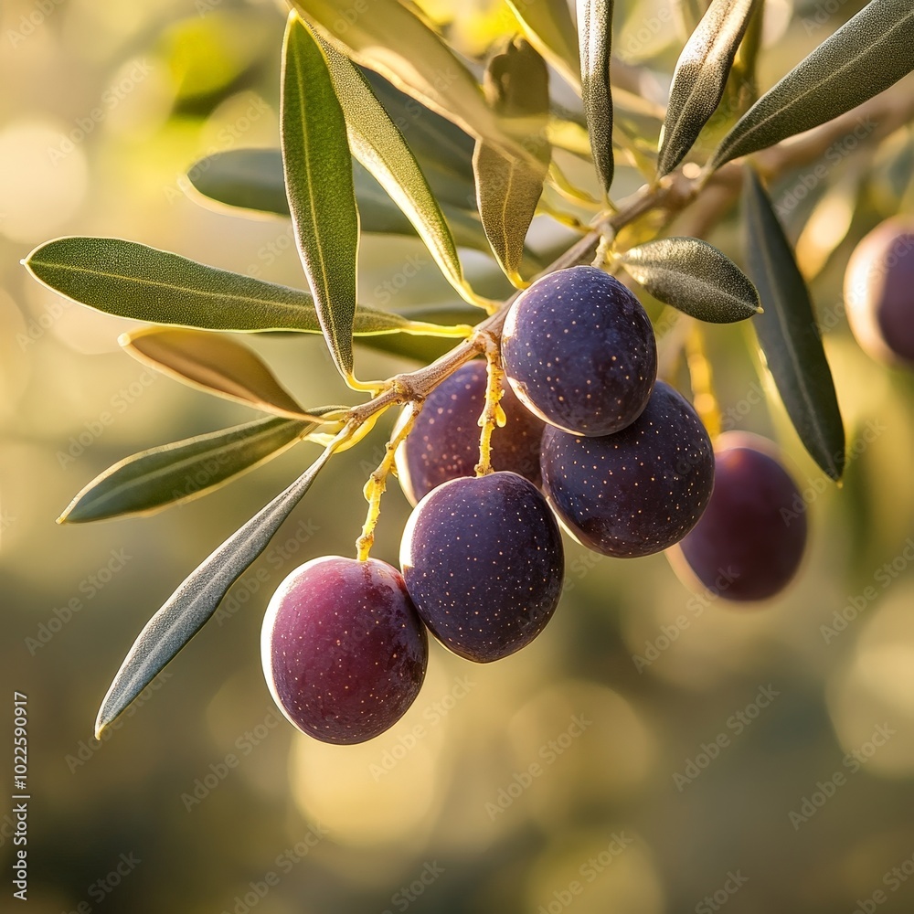 A close-up of ripe olives hanging from a branch, ready to be harvested A close-up of ripe olives hanging from a branch, ready to be harvested