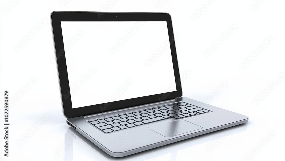 3D rendering of a glossy laptop with a blank screen positioned on a white background, slightly left of center, illuminated by white studio light. 3D rendering of a glossy laptop with a blank screen positioned on a white background, slightly left of center, illuminated by white studio light.
