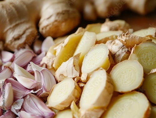 A close-up of sliced garlic and ginger, emphasizing their use in traditional healing practices photo