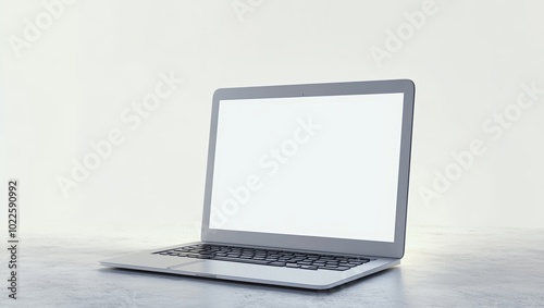 3D rendering of a glossy laptop with a blank screen positioned on a white background, slightly left of center, illuminated by white studio light.