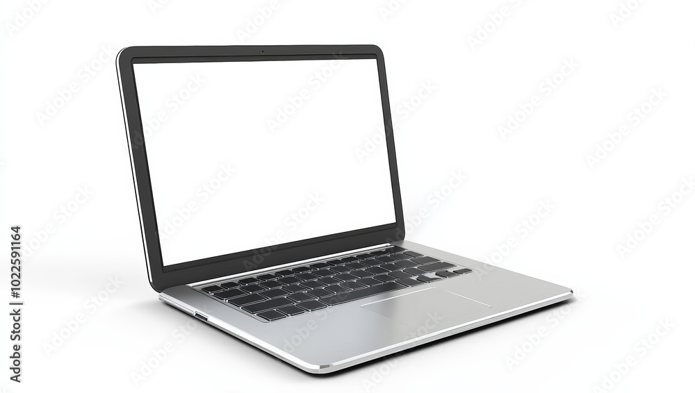 3D rendering of a glossy laptop with a blank screen positioned on a white background, slightly left of center, illuminated by white studio light. 3D rendering of a glossy laptop with a blank screen positioned on a white background, slightly left of center, illuminated by white studio light.