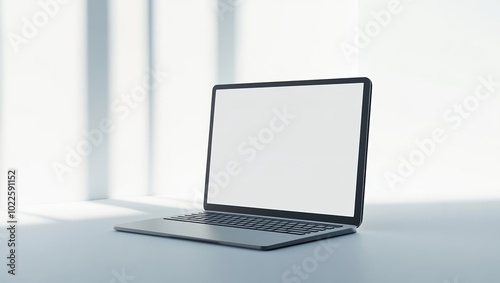Wallpaper Mural 3D rendering of a glossy laptop with a blank screen positioned on a white background, slightly left of center, illuminated by white studio light. Torontodigital.ca