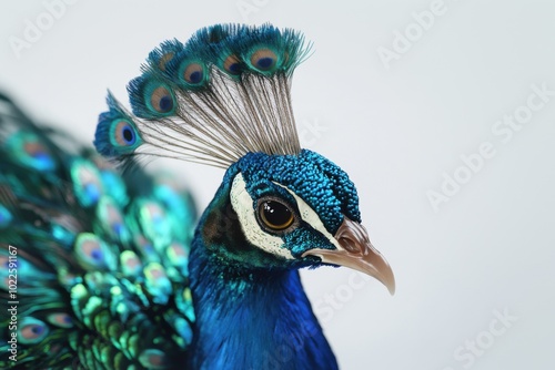 A vibrant peacock displays its stunning plumage in a close-up portrait against a neutral background