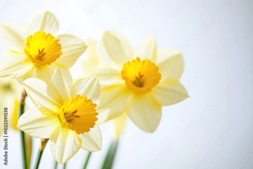 Fototapeta premium Bright yellow daffodils blooming in springtime sunlight against a soft background
