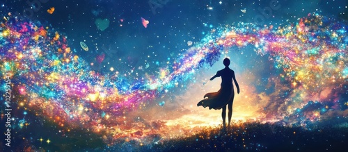 Silhouette of a woman standing in a field with a glowing stream of light and stars.