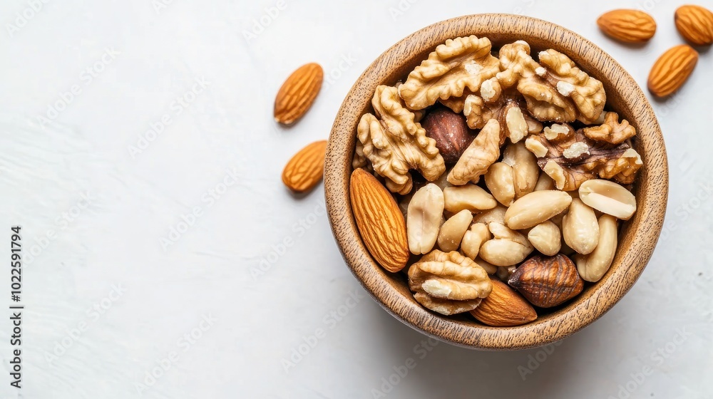A wooden bowl filled with assorted nuts, including almonds, walnuts, and peanuts. A wooden bowl filled with assorted nuts, including almonds, walnuts, and peanuts.