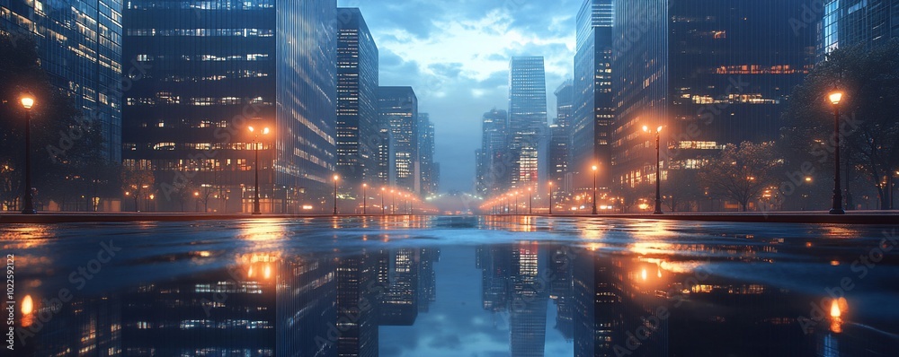 Fototapeta premium Empty city street reflecting in a wet road at night.