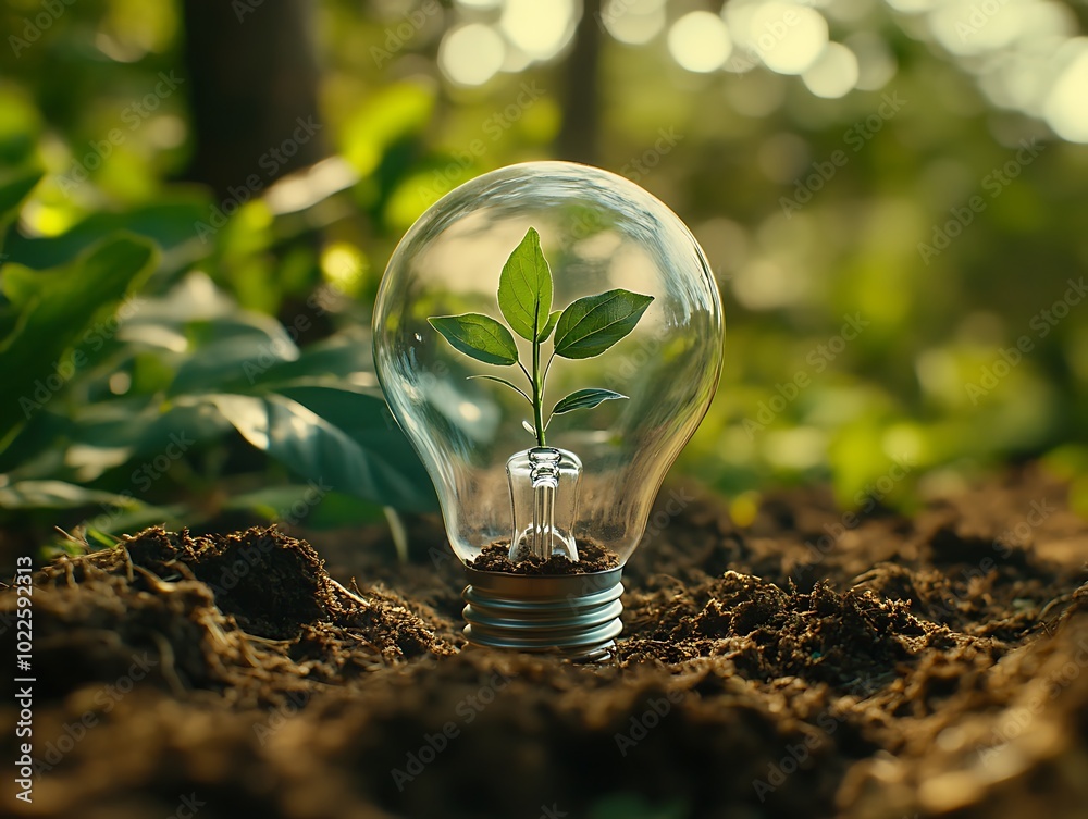 Little sprout inside a classic light bulb, green environment energy related concept, creative design Ecology and ESG Little sprout inside a classic light bulb, green environment energy related concept, creative design Ecology and ESG