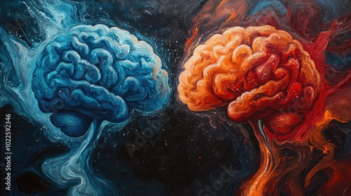 Artistic depiction of two brains, left brain in cool blue for logic, right brain in warm red-orange for creativity, swirling background merging the sides, representing balance and opposition in though