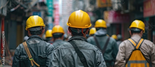 Construction Workers Walking Down a Busy Street