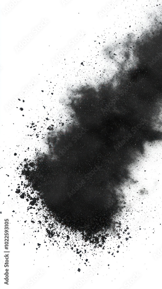 A cloud of black powder or dust dispersing against a white background. A cloud of black powder or dust dispersing against a white background.