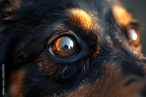 Close-up of a dog's eye, showcasing intricate details and reflections of light, capturing the essence of curiosity and warmth.