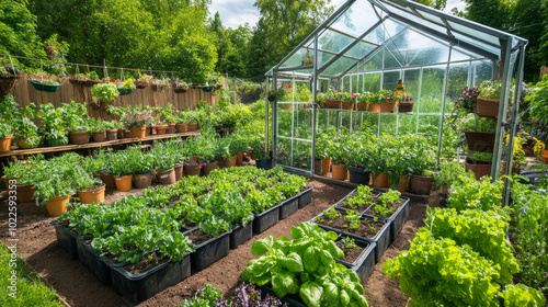 vibrant greenhouse filled with lush greenery and various plants, showcasing well organized garden space. sunlight enhances beauty of thriving plants, creating serene atmosphere photo