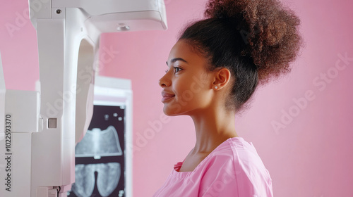 woman undergoing mammogram examination in medical setting, showcasing importance of health screenings. environment is bright and supportive, emphasizing care and awareness