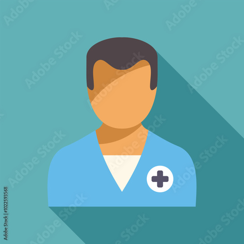 Simple icon style illustration of a male healthcare worker wearing blue scrubs with a long shadow