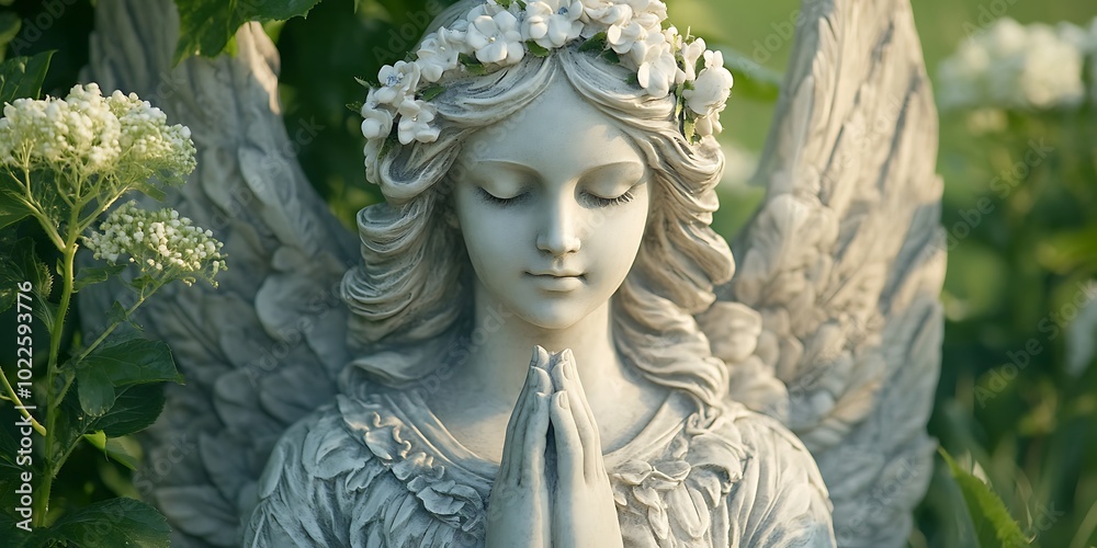 Peaceful stone sculpture of a classic designed female angel praying with hands up and eyes closed Peaceful stone sculpture of a classic designed female angel praying with hands up and eyes closed