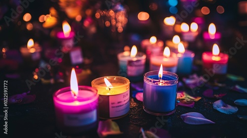 A solemn candlelight vigil commemorates lost lives with warm lights and heartfelt tributes against a shadowy backdrop. photo