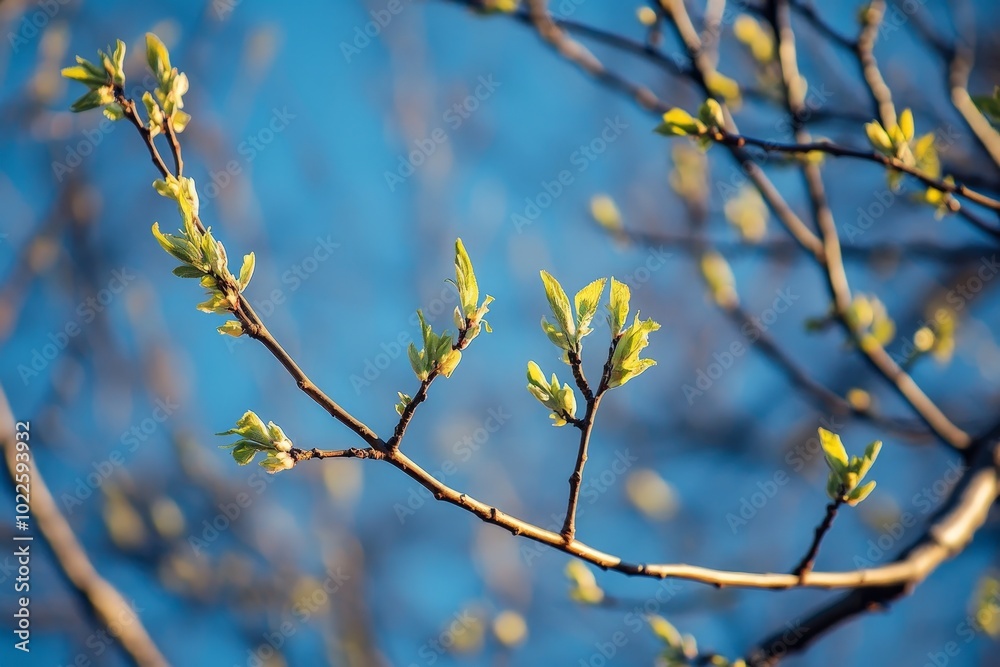 A deciduous tree in early spring, its new leaves beginning to bud after a long winter A deciduous tree in early spring, its new leaves beginning to bud after a long winter