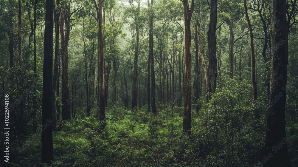 Fototapeta premium A dense forest filled with native trees thriving in their natural habitat, surrounded by wildlife
