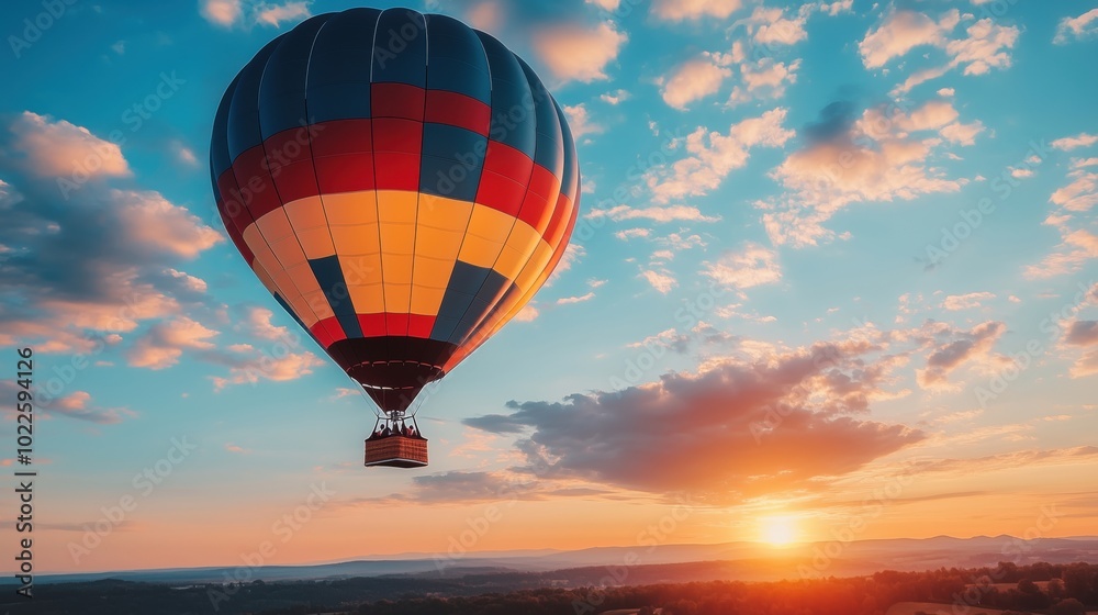 Fototapeta premium Hot air balloon soaring at sunset, vibrant colors, scenic landscape