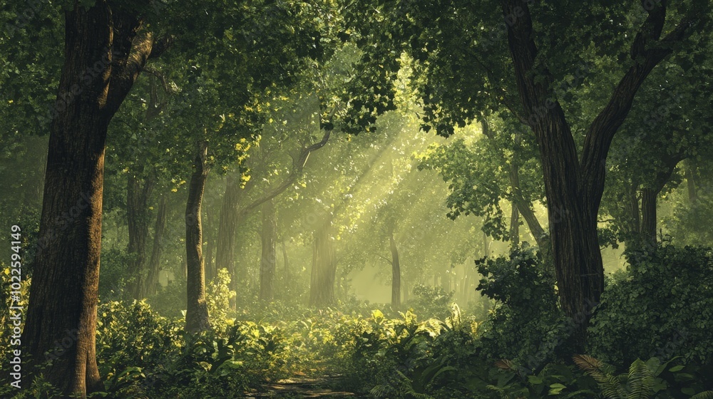 A dense forest filled with native trees thriving in their natural habitat, surrounded by wildlife A dense forest filled with native trees thriving in their natural habitat, surrounded by wildlife