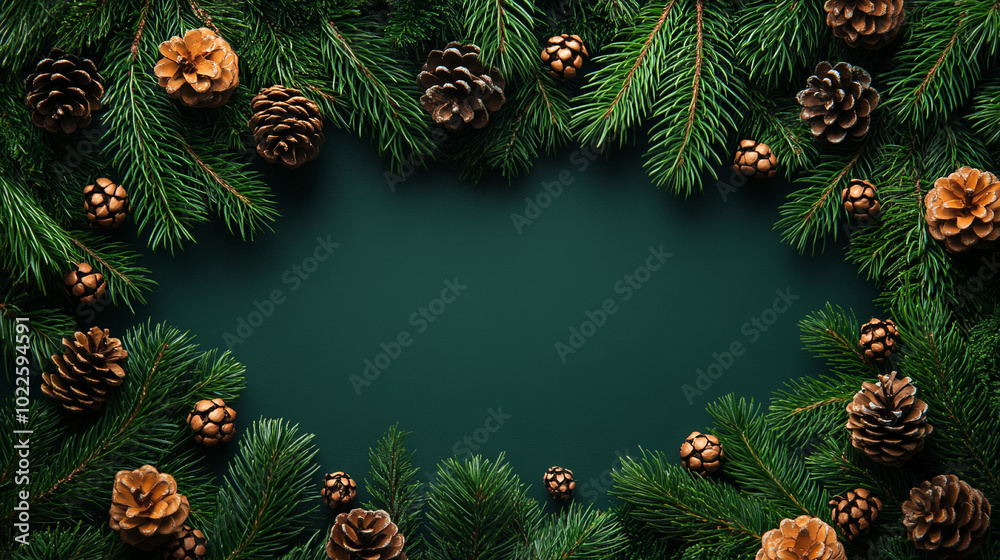 Christmas tree branches With cones against green background top view Christmas tree branches With cones against green background top view
