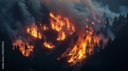 Wildfire and Forest Fire - Intense Flames, Destruction, and Smoke in Nature's Inferno Captured with Dramatic Imagery of Burning Trees and Landscapes