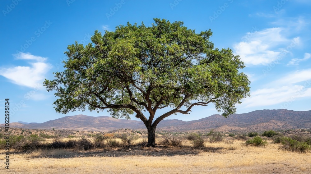 A drought-resistant tree thriving in an arid landscape, its leaves adapted to conserve water A drought-resistant tree thriving in an arid landscape, its leaves adapted to conserve water
