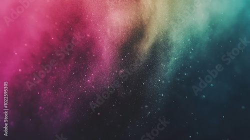 A vibrant abstract background featuring a blend of colors and star-like particles.