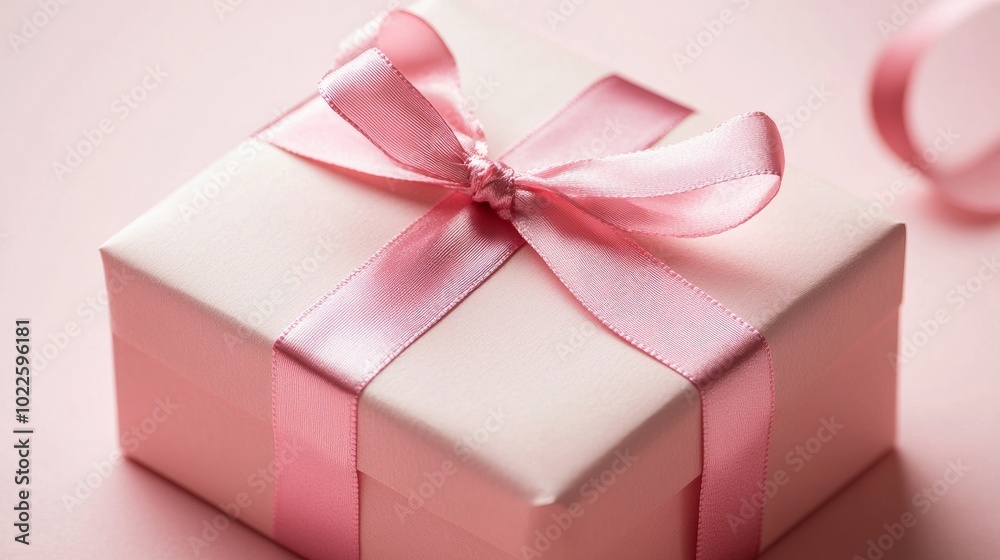 A small pink gift box with a thin satin ribbon bow, arranged simply on a pastel background for a minimalist yet elegant aesthetic. A small pink gift box with a thin satin ribbon bow, arranged simply on a pastel background for a minimalist yet elegant aesthetic.