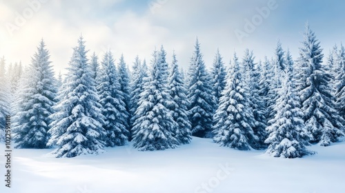 A forest of evergreen trees covered in snow, standing tall in a winter landscape