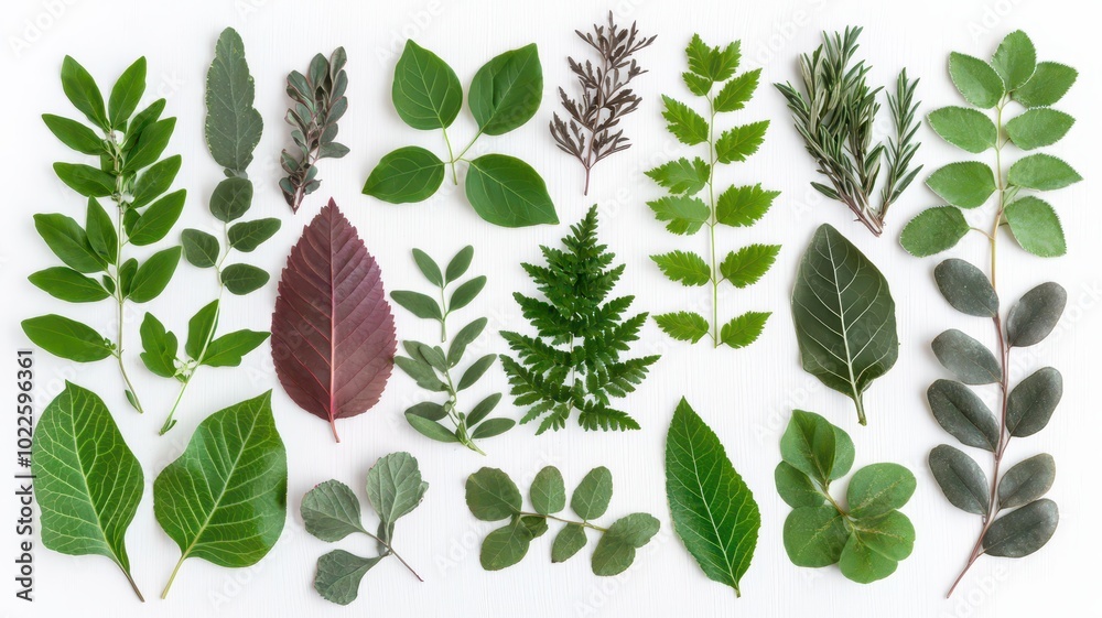 Fototapeta premium An assortment of herb and plant leaves isolated against a clean white background, showcasing the beauty of natural elements.