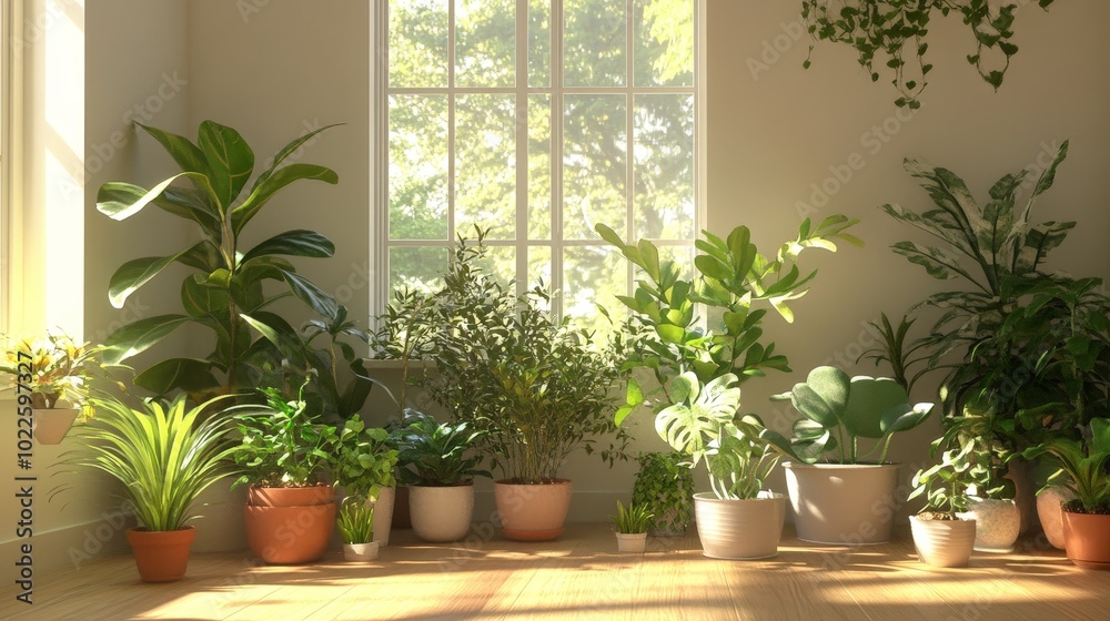 A group of different plants thriving in a sunlit corner of a home A group of different plants thriving in a sunlit corner of a home