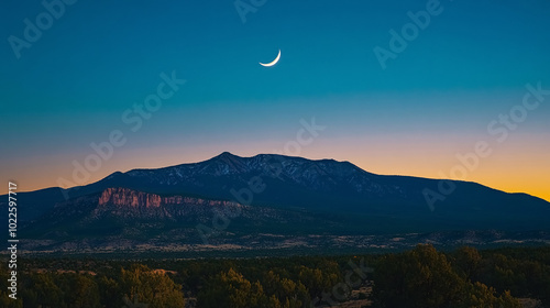 USA, New Mexico, Santa Fe, Jemez Mountains at dusk with a crescent moon in the sky.