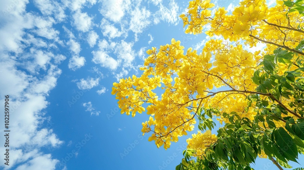 Golden shower tree or golden rain tree are blooming on a beautiful blue sky day Golden shower tree or golden rain tree are blooming on a beautiful blue sky day