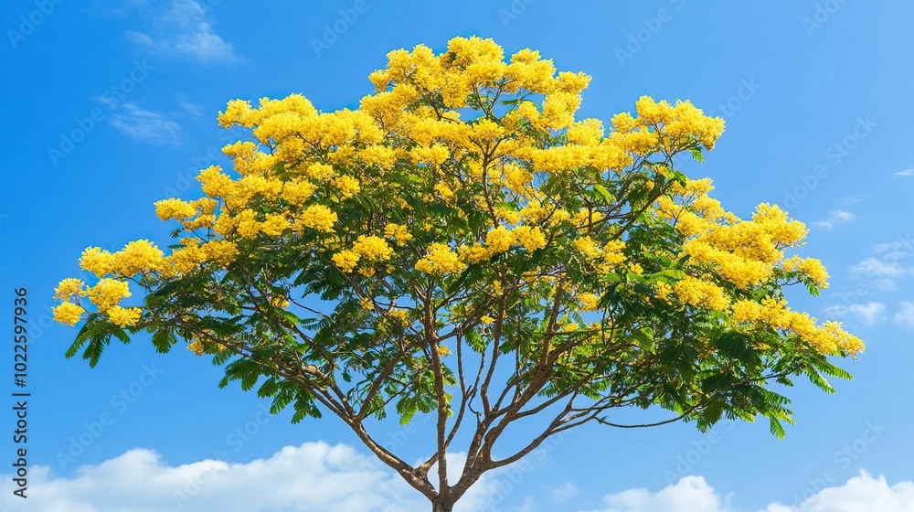 Golden shower tree or golden rain tree are blooming on a beautiful blue sky day Golden shower tree or golden rain tree are blooming on a beautiful blue sky day