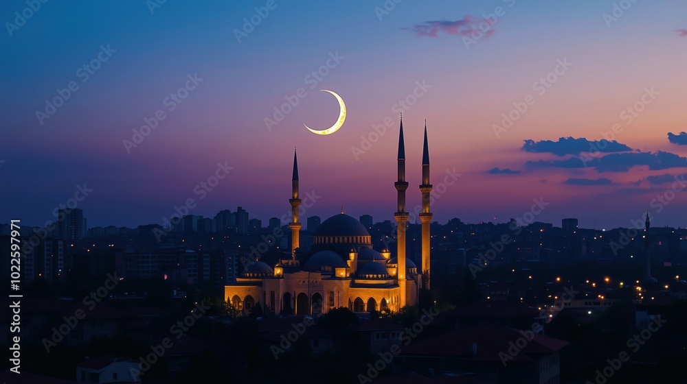 Fototapeta premium Mosque silhouette against crescent moon, twilight sky, cityscape