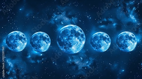 Five Luminous Blue Moons in a Starry Night Sky