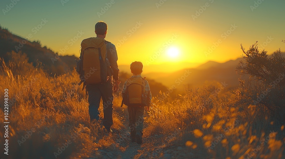 A father and son hiking towards a sunset, surrounded by golden grass and mountains. A father and son hiking towards a sunset, surrounded by golden grass and mountains.