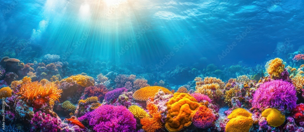 Naklejka premium Vibrant coral reef with sunlight shining through the clear blue water.