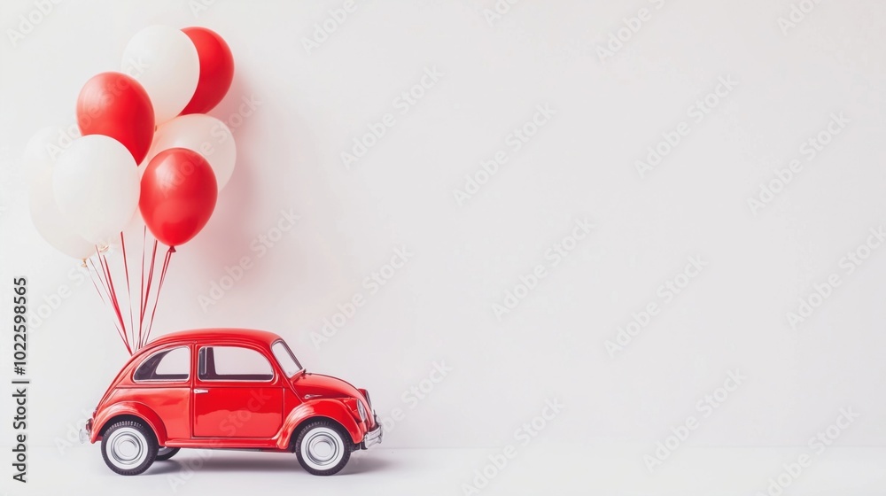Red toy car with balloons, festive decoration, playful atmosphere Red toy car with balloons, festive decoration, playful atmosphere