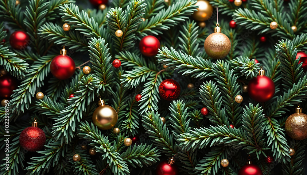 Christmas tree branches decorated with red and golden ornaments for festive holiday celebrations Christmas tree branches decorated with red and golden ornaments for festive holiday celebrations