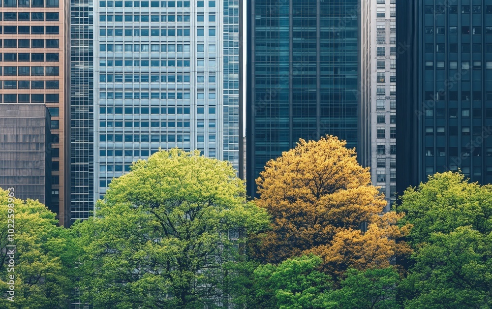 A group of urban trees standing tall in front of skyscrapers, blending nature with modern life A group of urban trees standing tall in front of skyscrapers, blending nature with modern life