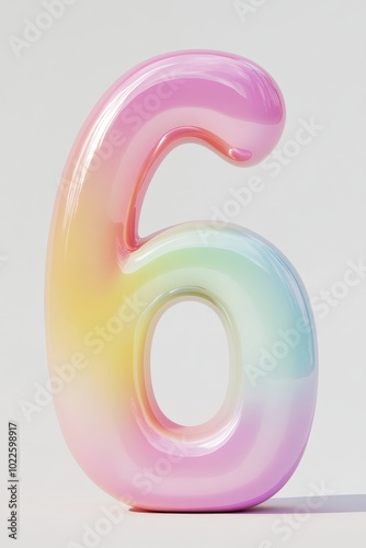 A playful 3D front view of the number 6 with smooth rounded edges in bright pastel colors, evoking fun and learning, making it ideal for childrens educational tools.