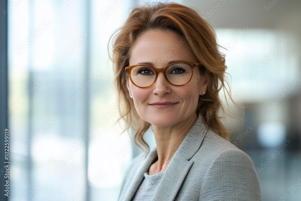 Fototapeta premium Portrait of a smiling middle-aged businesswoman confidently stands with arms crossed in a modern, brightly lit office space, showcasing leadership and professionalism