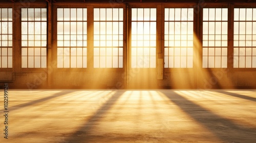 Sunlight streaming through large windows in an empty space. Beam of light.